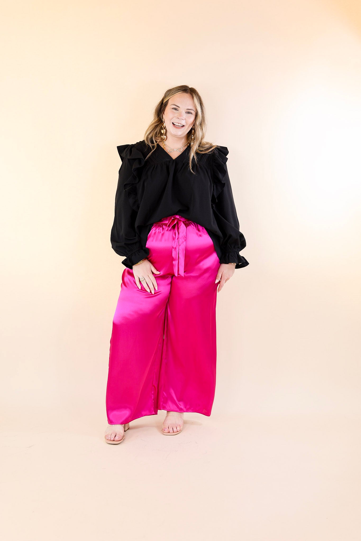 Dare To Dazzle Wide Leg Satin Pants with Waist Tie in Fuchsia Pink