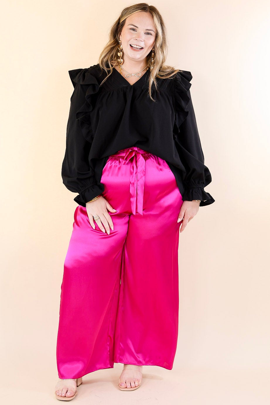 Dare To Dazzle Wide Leg Satin Pants with Waist Tie in Fuchsia Pink