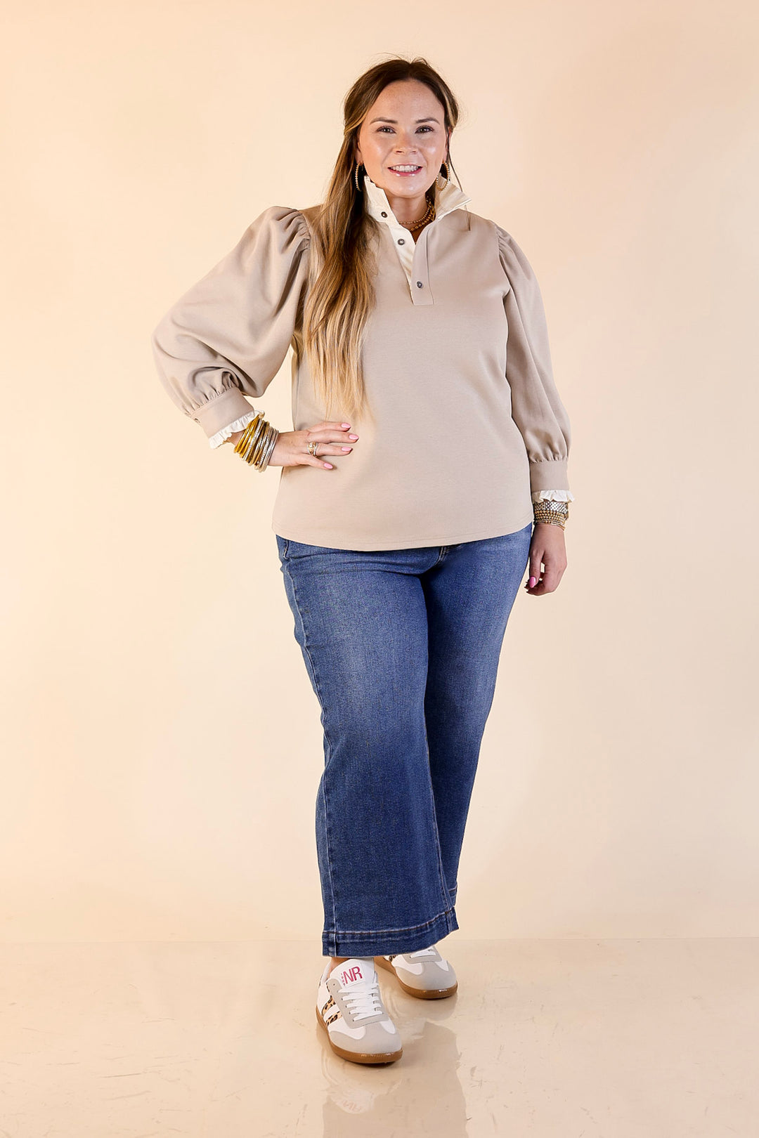 Refined Edge Puff 3/4 Sleeve Top with Collar Detailing in Sand