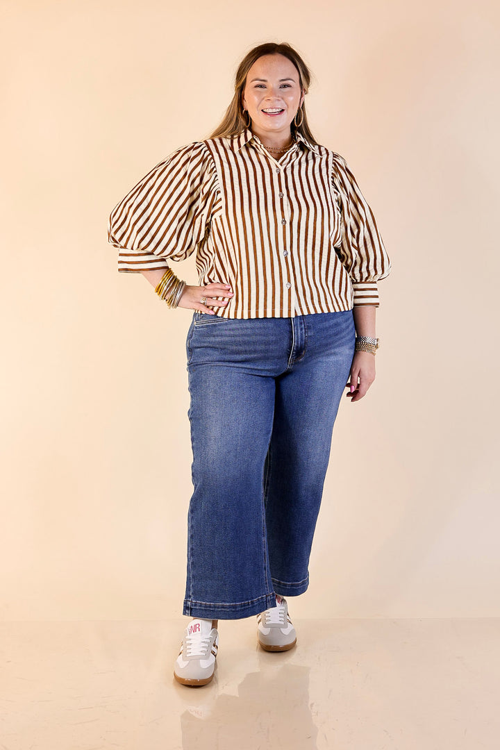 The Bold Type Striped Long Sleeve Button-Up Top in White with Chocolate Brown Stripes