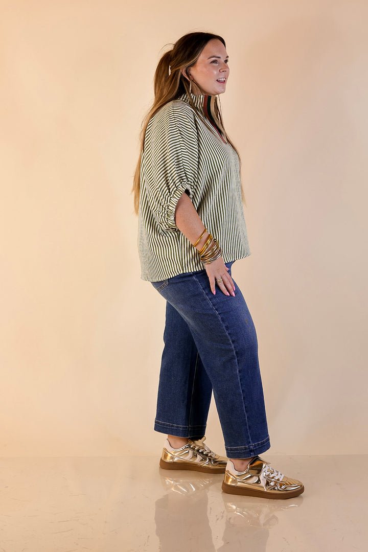 Naturally Stylish Striped Poncho Top in Olive Green