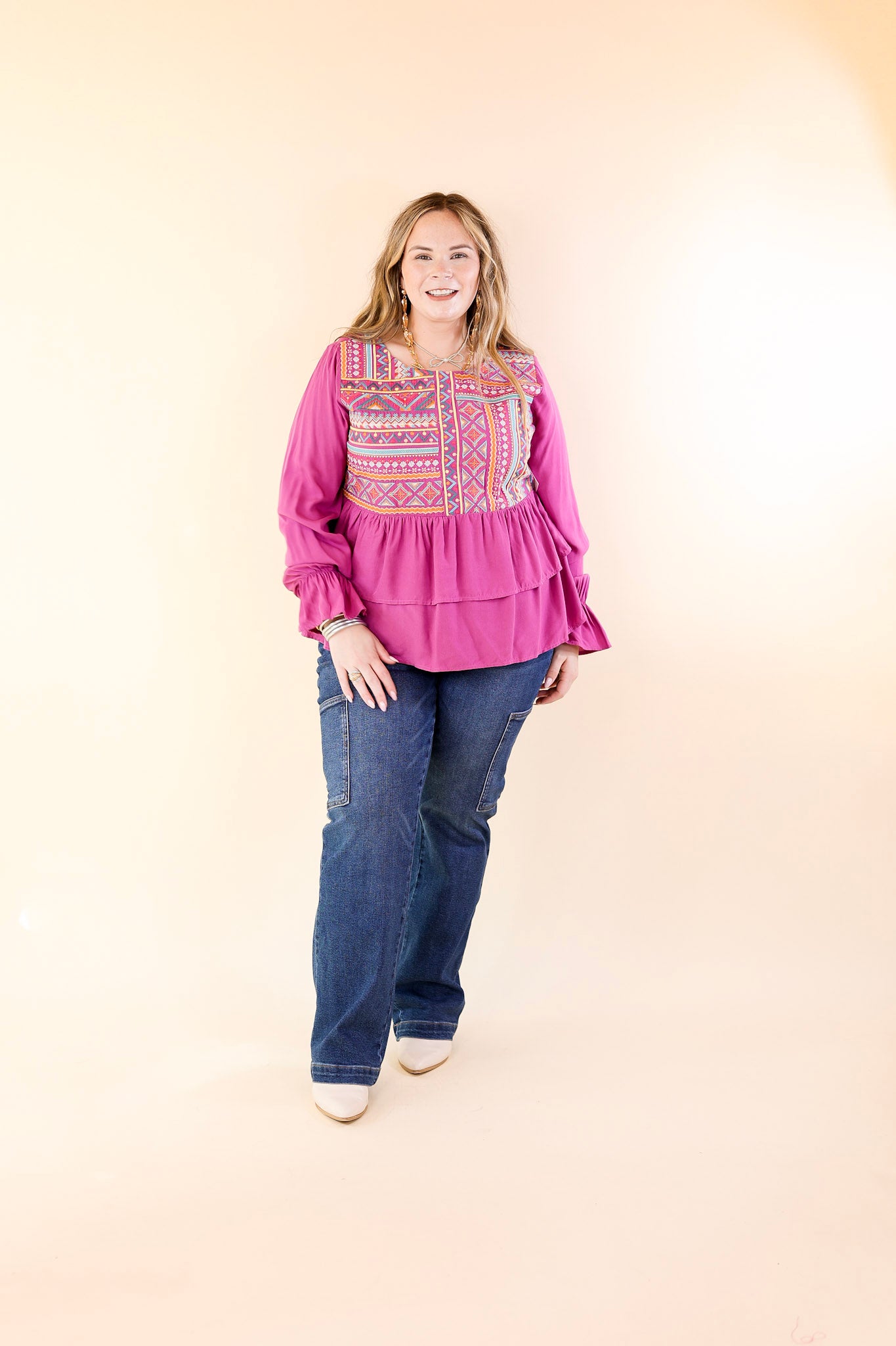 Rhythm Of The Season Embroidered Long Sleeve Top in Magenta