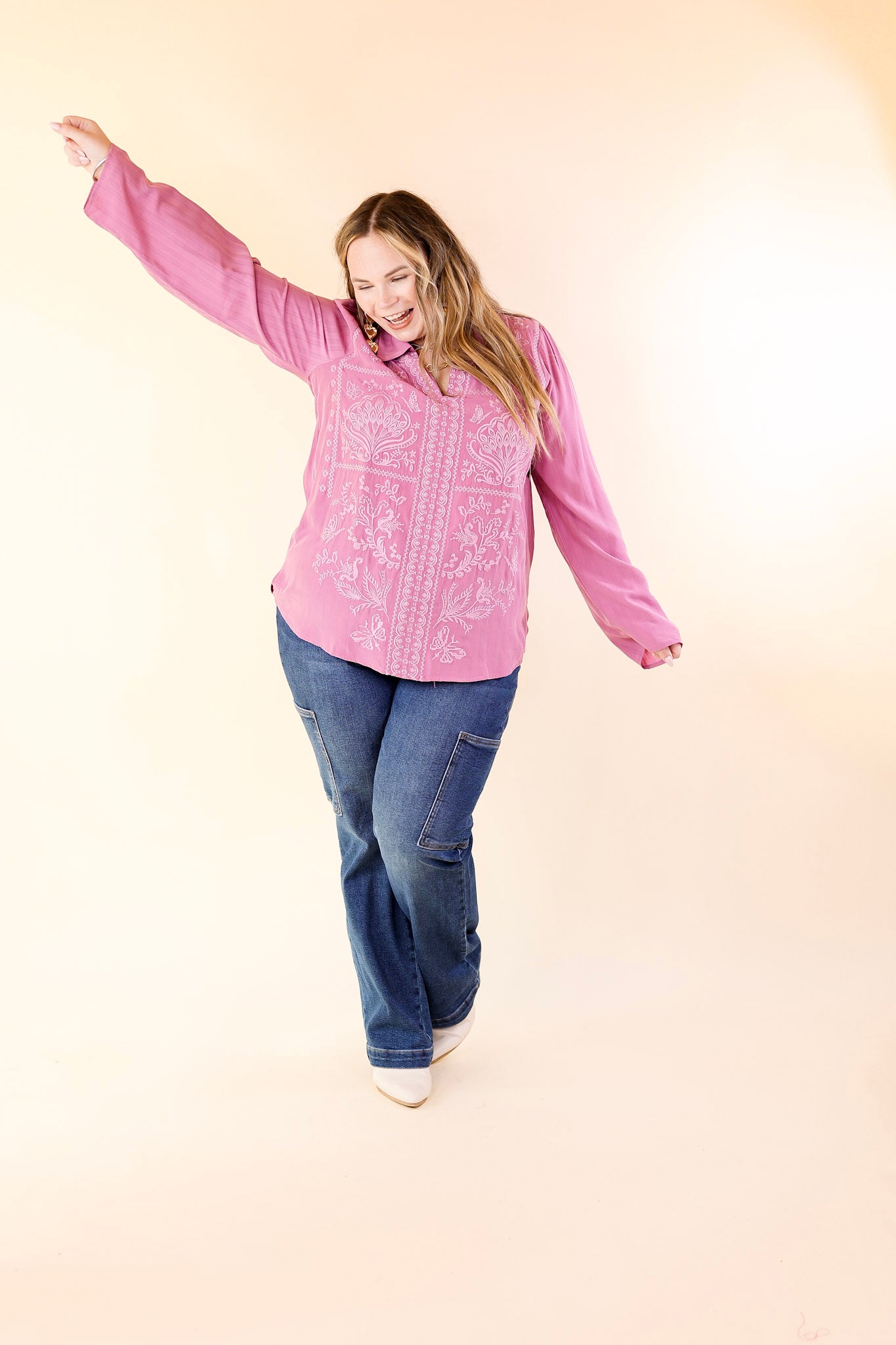 Sunny Garden Embroidered 3/4 Sleeve Top with Collared Neckline in Purple