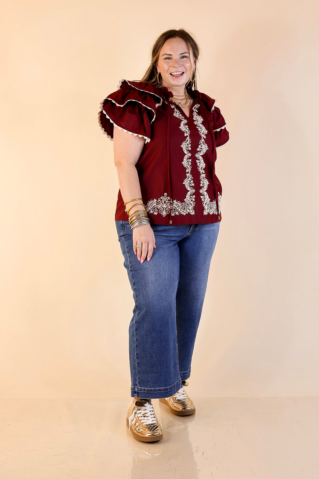Graceful Details Embroidered Short Sleeve Top with Layered Flutter Sleeves in Maroon