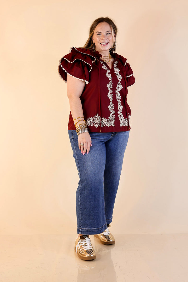 Graceful Details Embroidered Short Sleeve Top with Layered Flutter Sleeves in Maroon