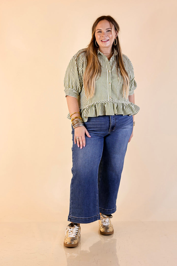 Style Agenda Striped Button Down Collared Top with Ruffle Peplum in Olive Green