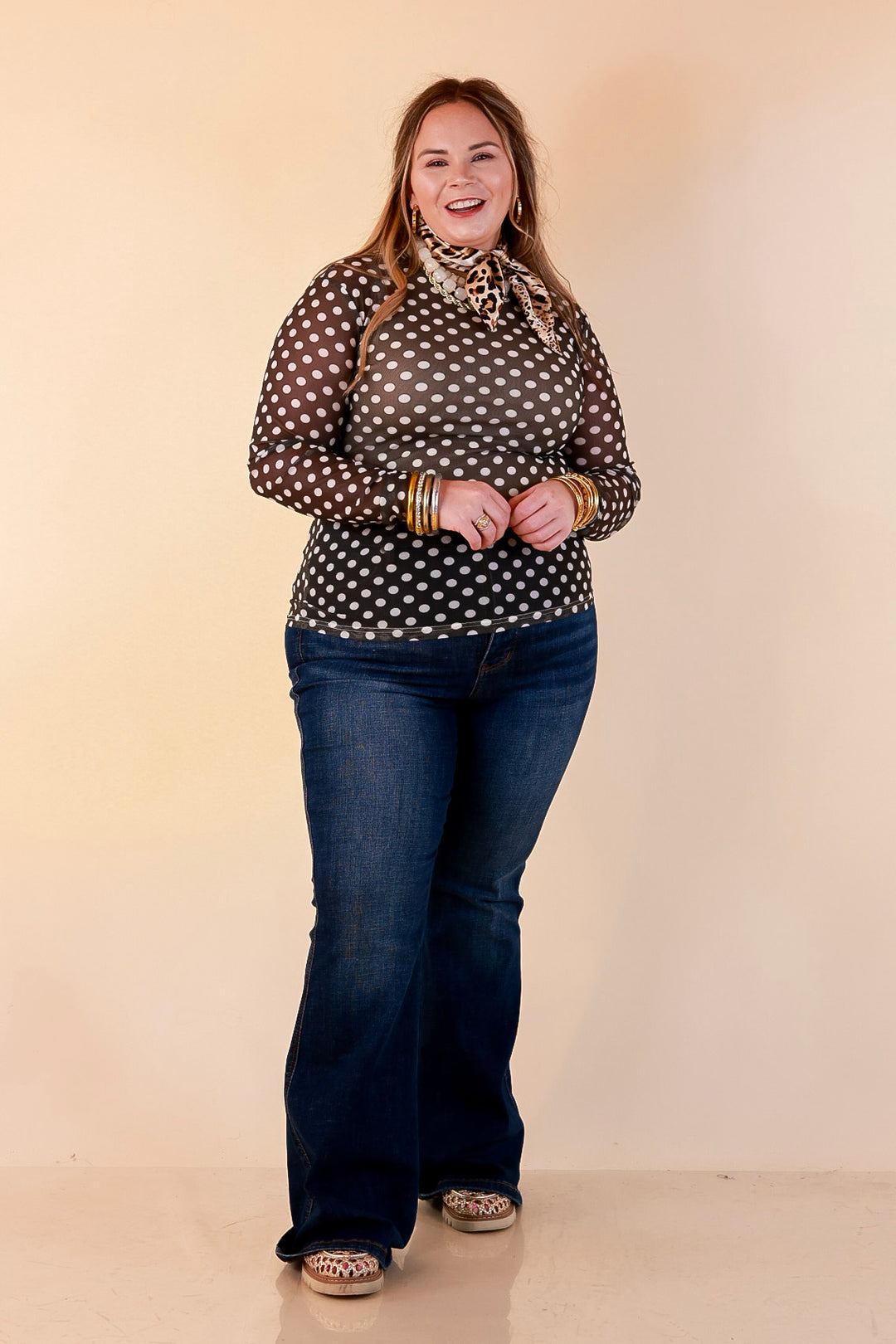 The Perfect Layer White Polka Dot Print Sheer Mesh Long Sleeve Top in Olive Green