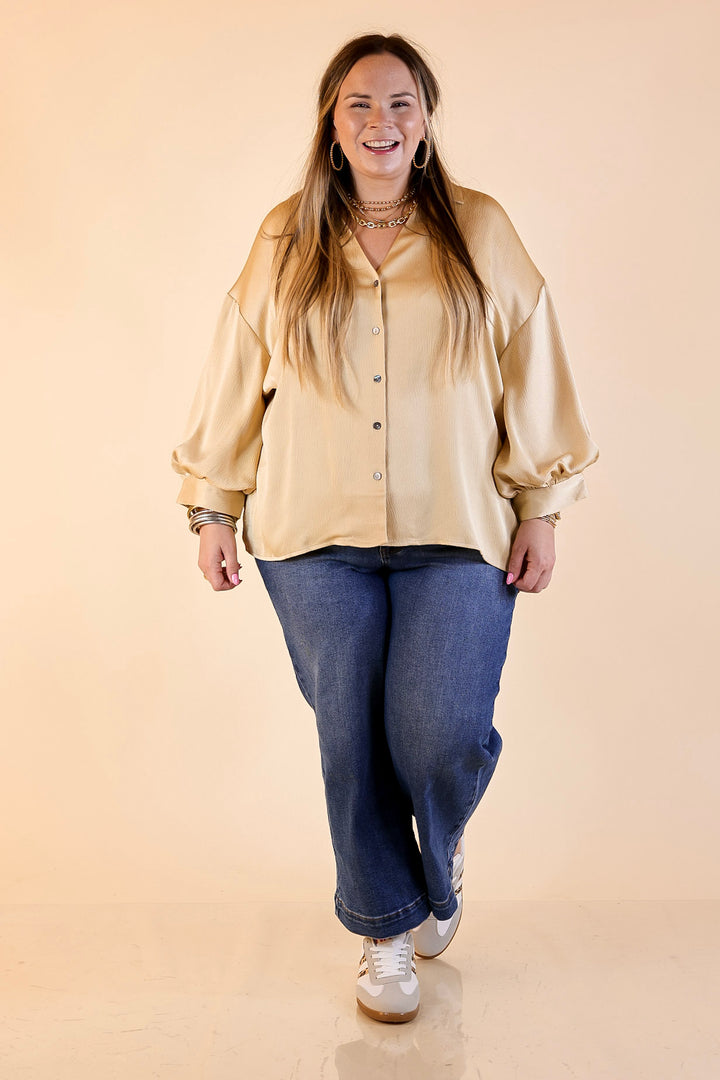 Sweet Notion Button Up 3/4 Balloon Sleeve Top in Gold
