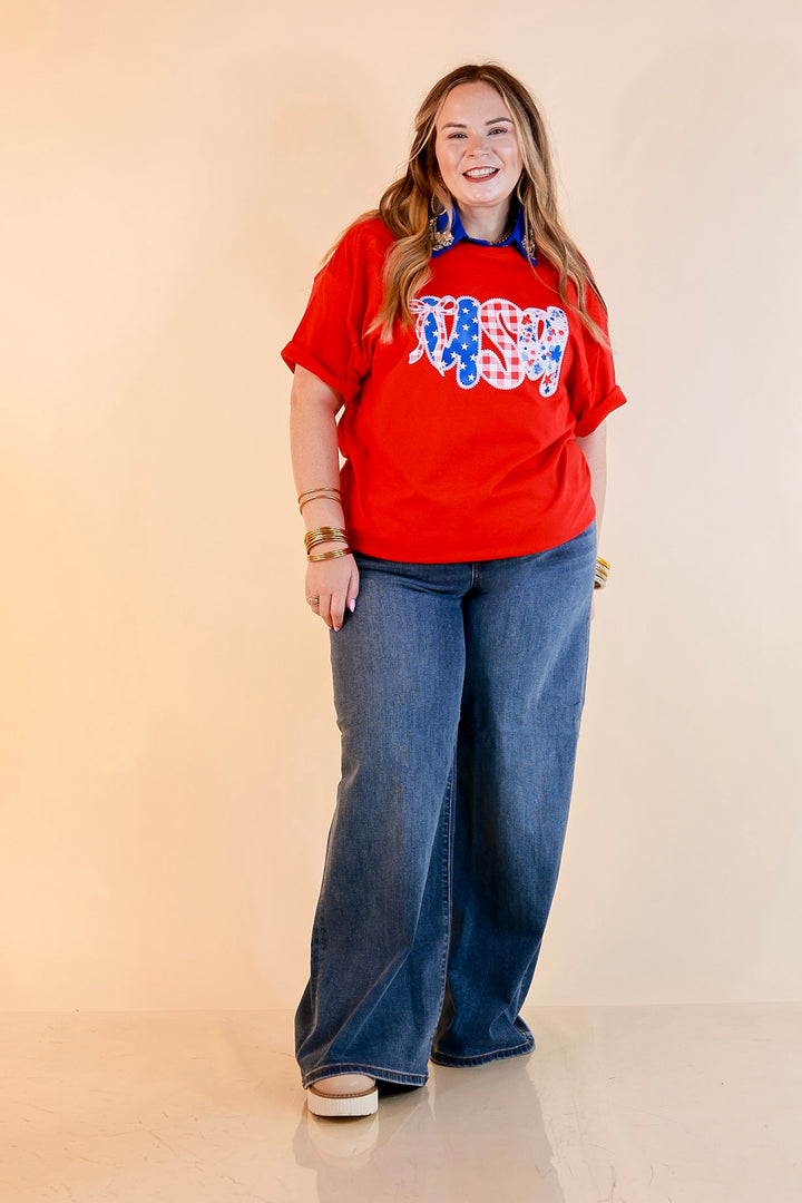Sweet Land of Style USA Coquette Short Sleeve Graphic Tee with Bow Detailing in Red