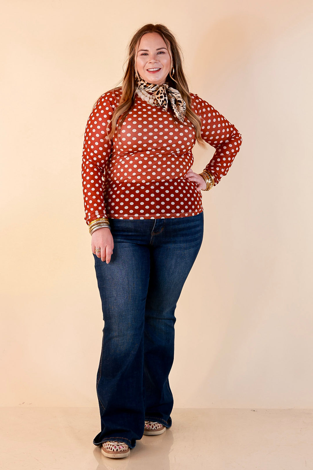 The Perfect Layer White Polka Dot Print Sheer Mesh Long Sleeve Top in Rust Orange