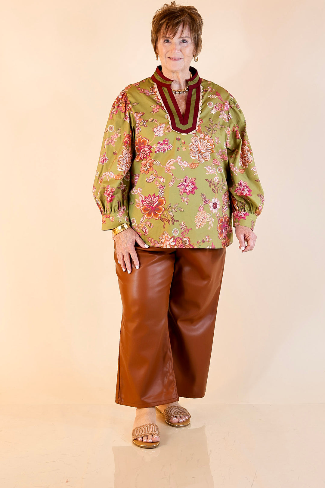 Autumn Allure Floral Long Sleeve Top with Contrast Trim in Olive Green