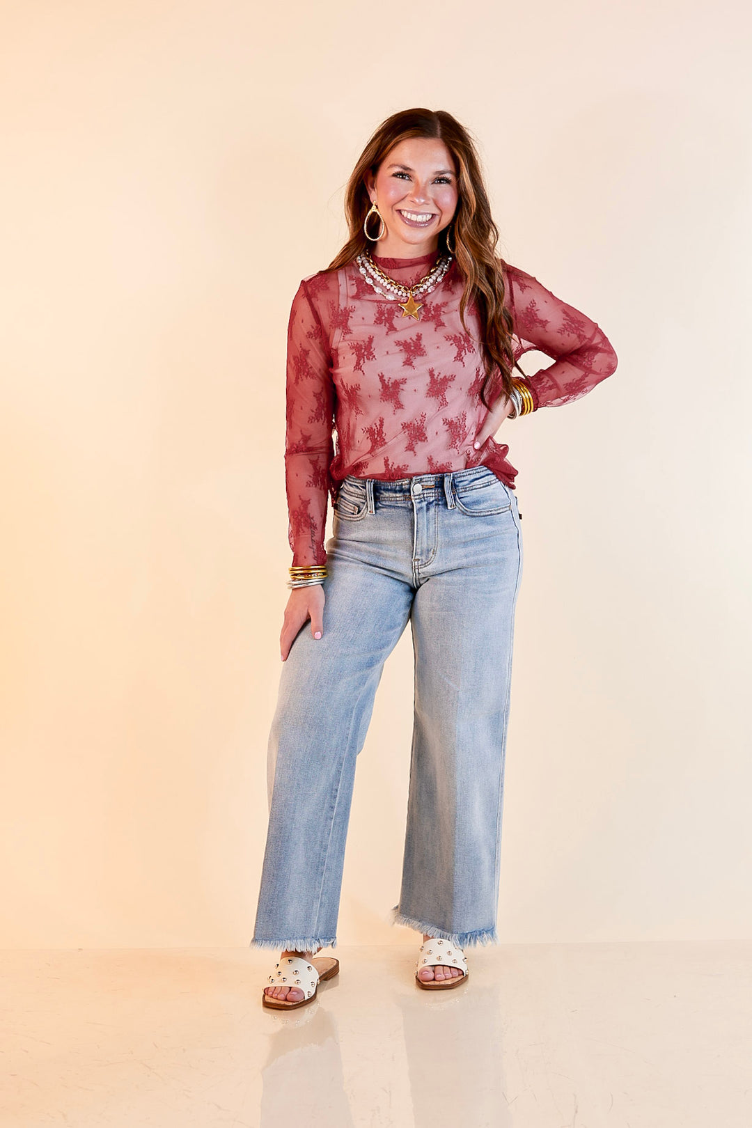 Delicate Charm Long Sleeve Sheer Lace Top with Mock Neck in Maroon