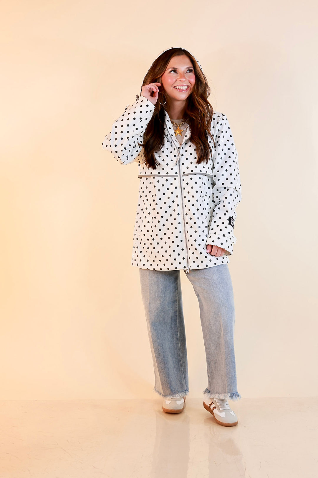Lulu Mac | Chic Forecast Black Polka Dot Hooded Rain Jacket in Ivory