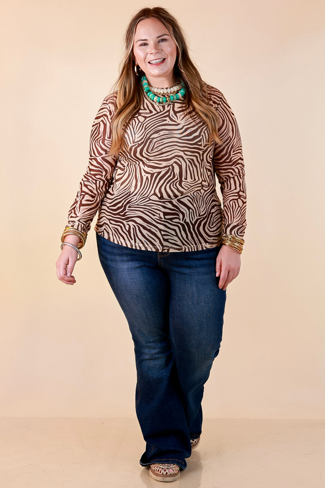 The Perfect Layer Zebra Print Sheer Mesh Long Sleeve Top in Chocolate Brown and Ivory