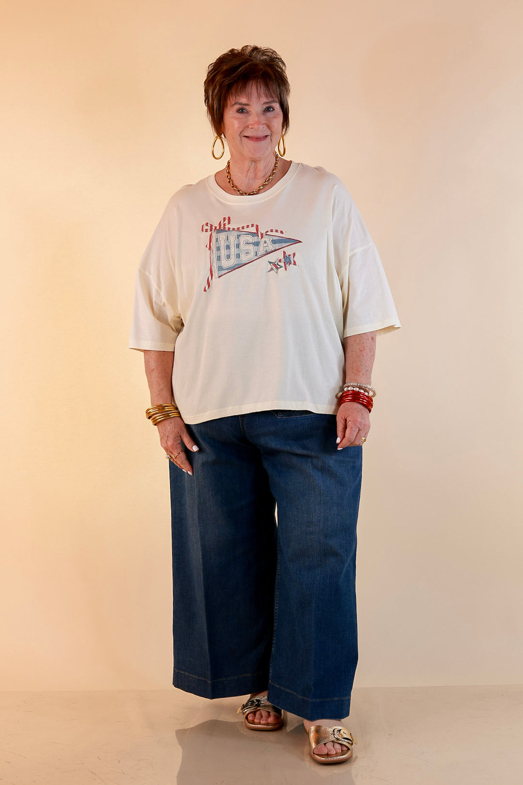 Simply Southern | American It Girl Short Sleeve Graphic Tee with USA Pennant Applique in Beige