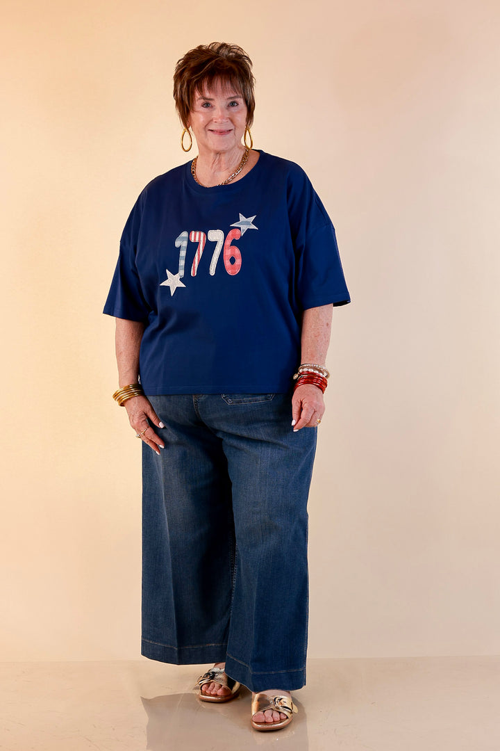 Simply Southern | American It Girl Short Sleeve Graphic Tee with 1776 Applique in Navy Blue