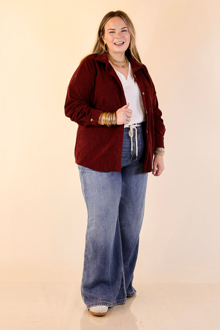 Captivating Cuteness Corduroy Button Up Shacket in Maroon