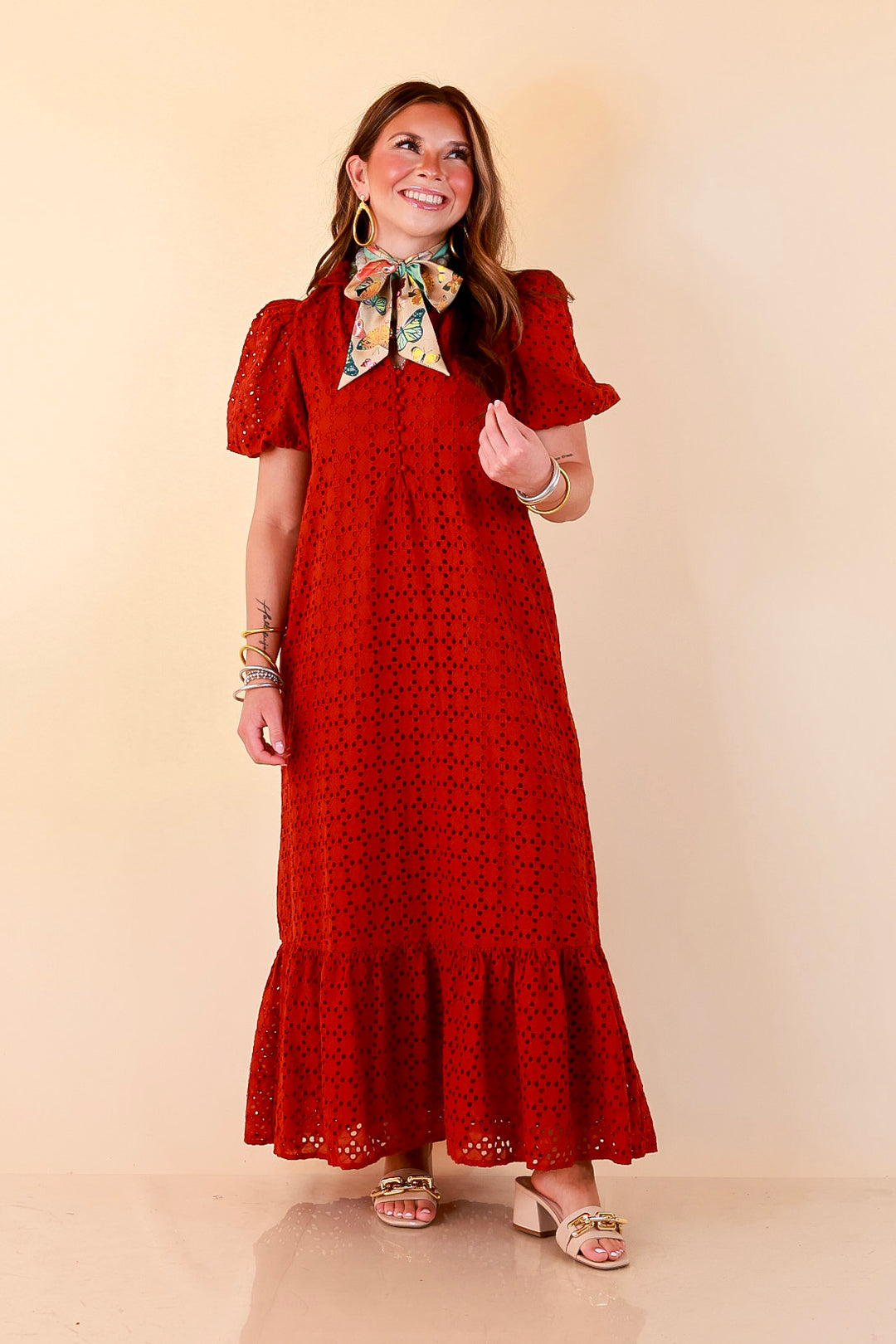 Meet Me at Sunset Eyelet Lace Puff Sleeve Tiered Maxi Dress in Rust Red