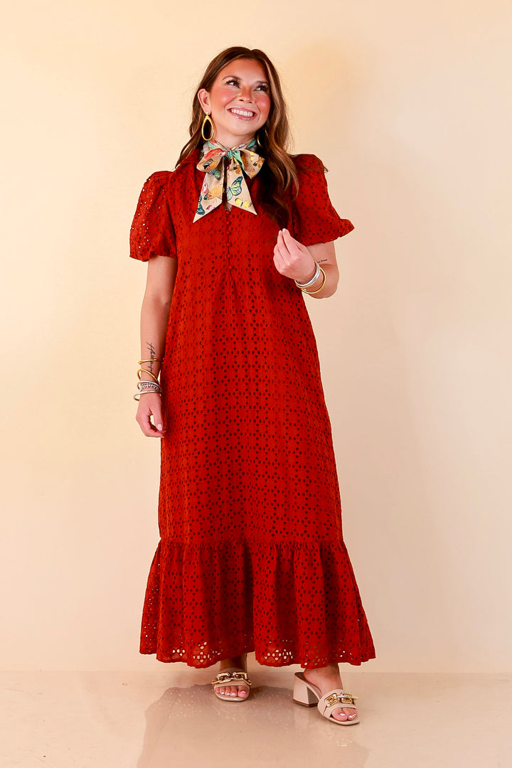 Meet Me at Sunset Eyelet Lace Puff Sleeve Tiered Maxi Dress in Rust Red