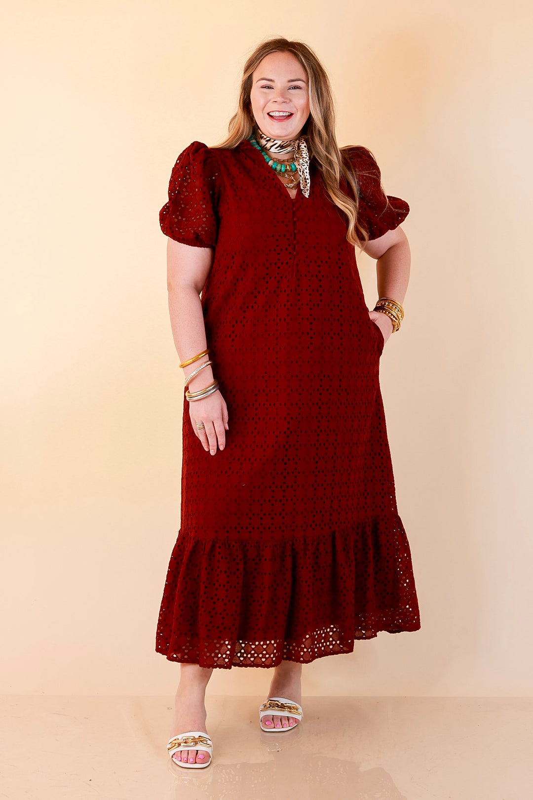 Meet Me at Sunset Eyelet Lace Puff Sleeve Tiered Maxi Dress in Maroon