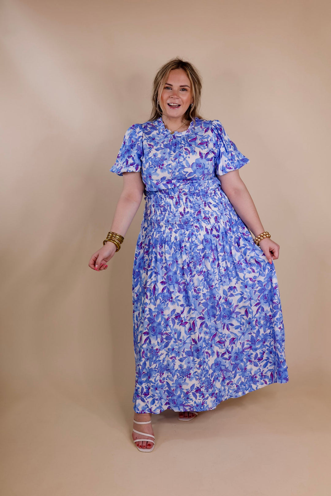 Moonlit Bay Floral High Neck Maxi dress with Smocked Waistline in Blue - Giddy Up Glamour Boutique