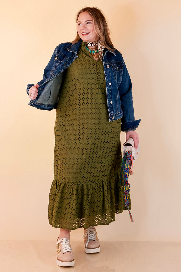Meet Me at Sunset Eyelet Lace Puff Sleeve Tiered Maxi Dress in Olive Green