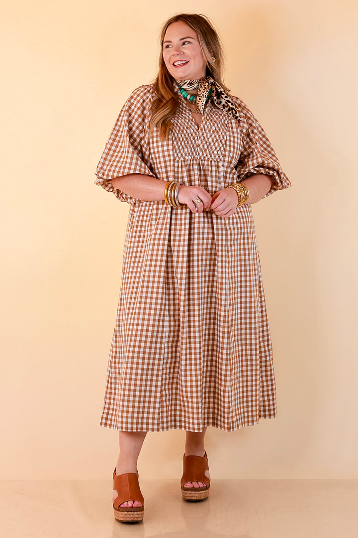 All Eyes on You Smocked Yoke Puff Sleeve Gingham Print Maxi Dress in Camel Brown and Ivory