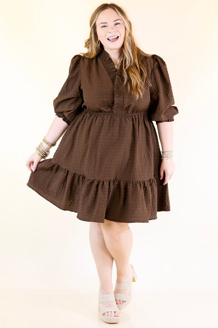 Call Me Captivating Dress with Smocked Waist and Long Sleeves Sleeves in Chocolate Brown