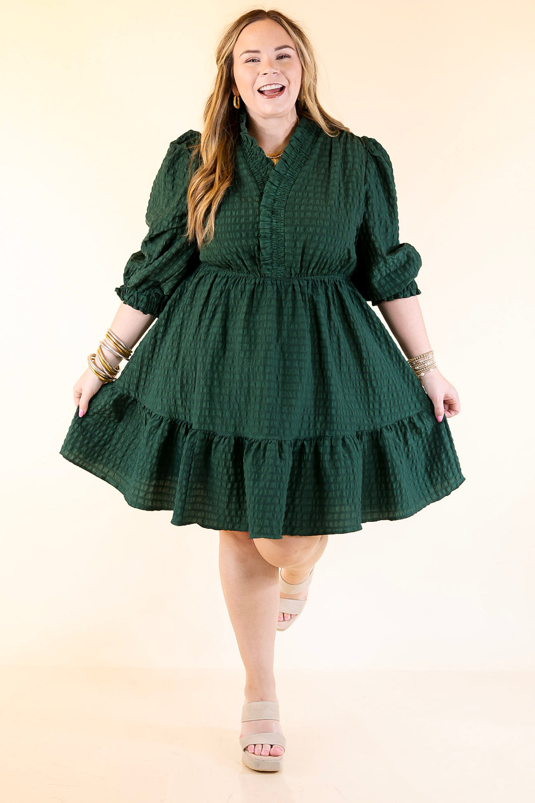 Call Me Captivating Dress with Smocked Waist and Long Sleeves Sleeves in Emerald Green
