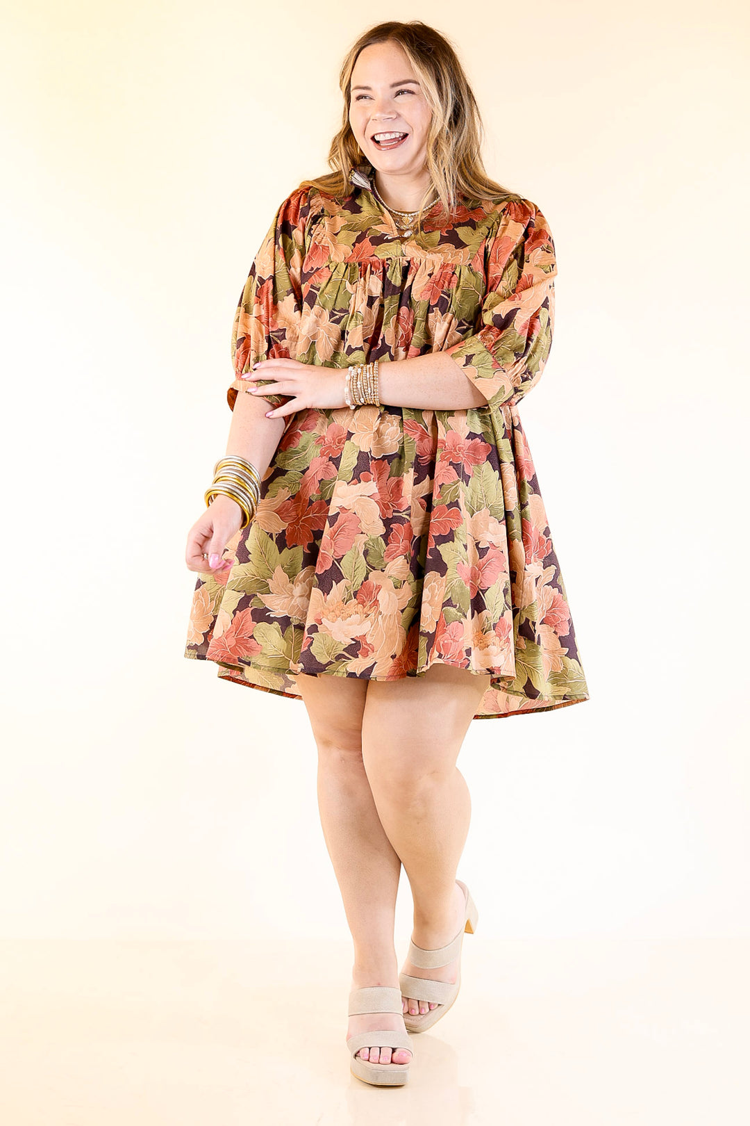 Endless Possibilities Floral Babydoll Dress with Puff Sleeves in Beige, Navy and Rust