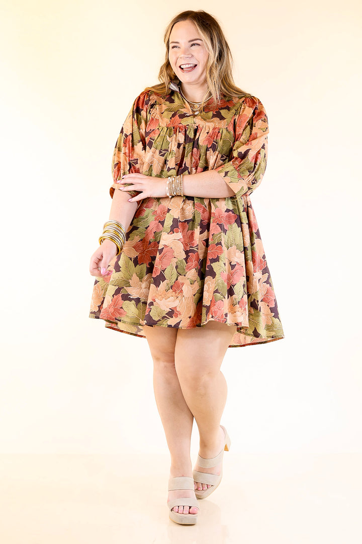 Endless Possibilities Floral Babydoll Dress with Puff Sleeves in Beige, Navy and Rust