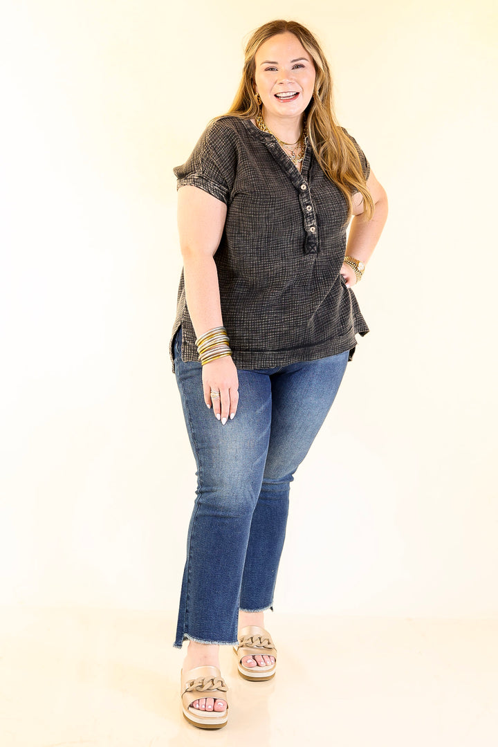 Simple Statement Quarter Button Up Short Drop Sleeve Shirt in Black