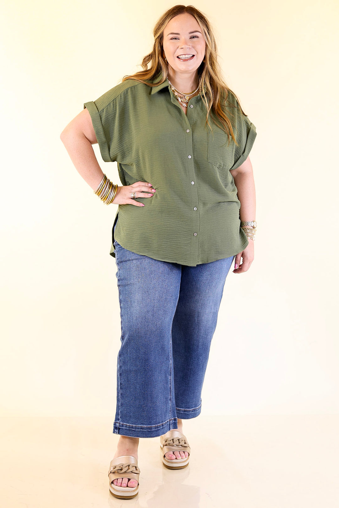 Timeless Appeal Collared Button Up Top in Olive Green