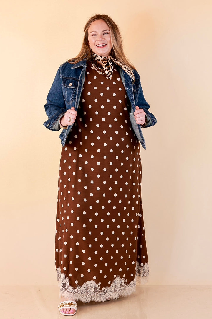 Sweet Little Something Polka Dot Sleeveless Maxi Dress with Lace Trim in Chocolate Brown