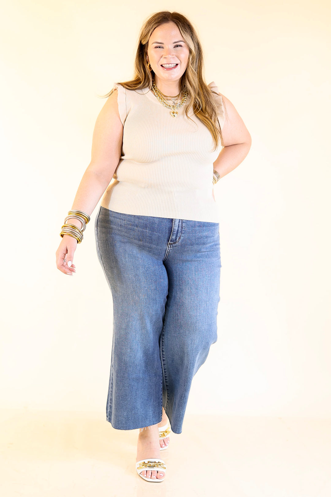 Flirty Frill Scoop Neck Top with Ruffle Sleeves in Ivory