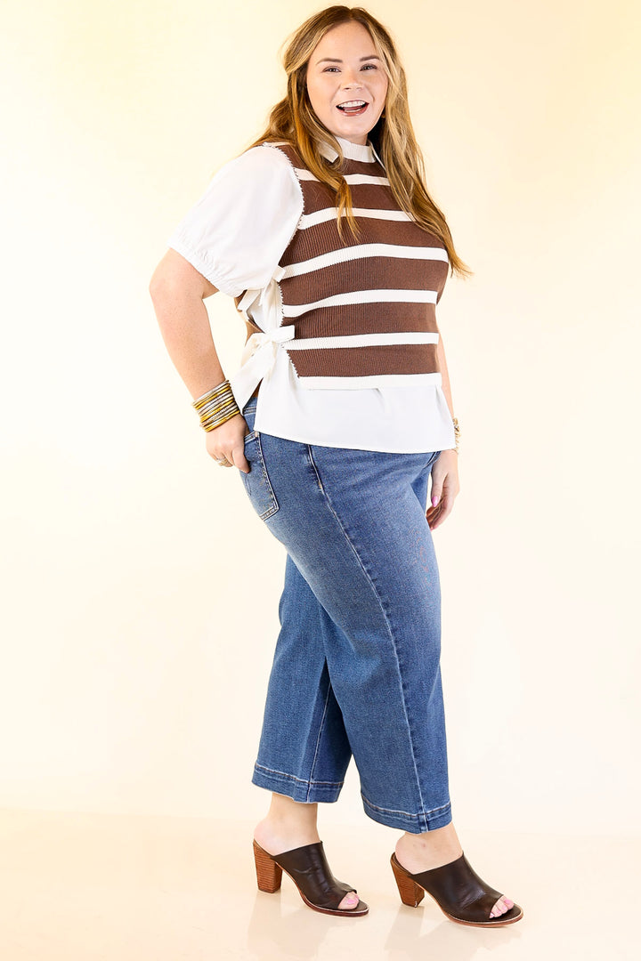 Tied Up in Style Knit Sweater with Side Ties in Chocolate Brown with Off White Stripes