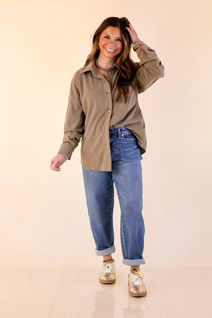 Captivating Cuteness Corduroy Button Up Shacket in Olive Green