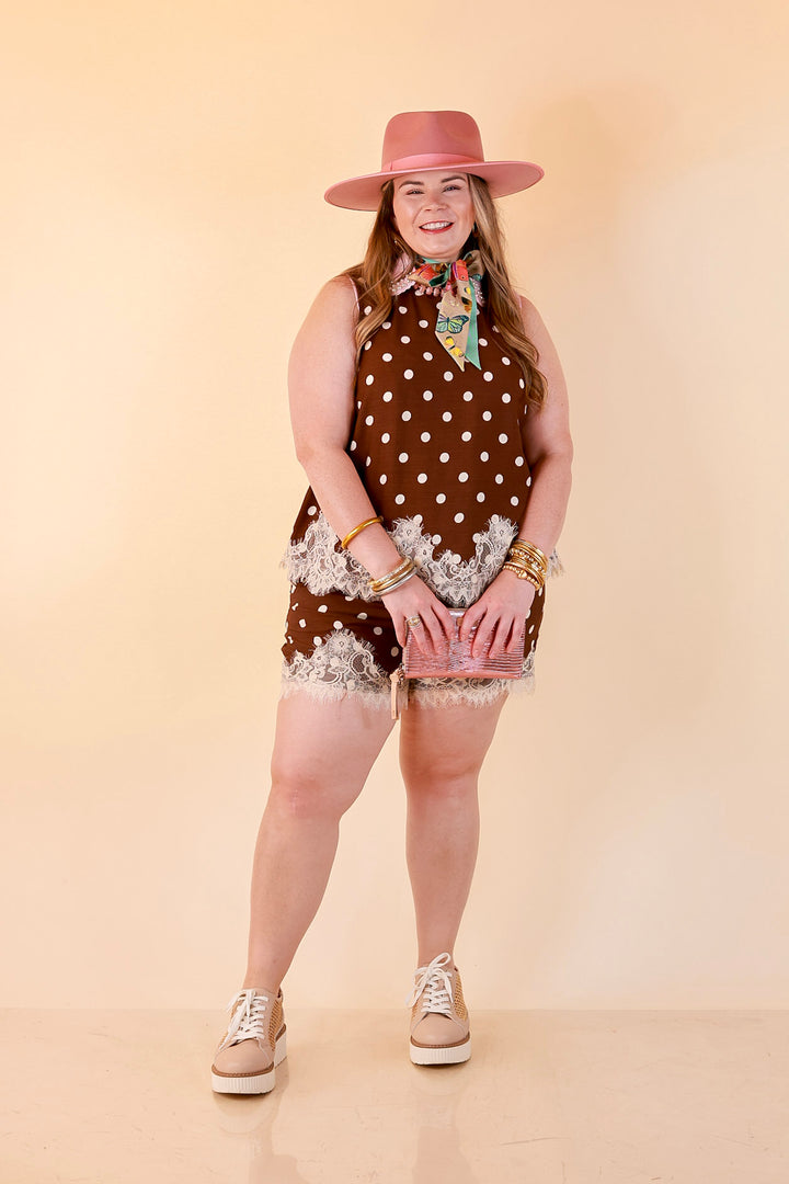 Pretty Little Something Polka Dot Drawstring Shorts with Lace Trim in Chocolate Brown