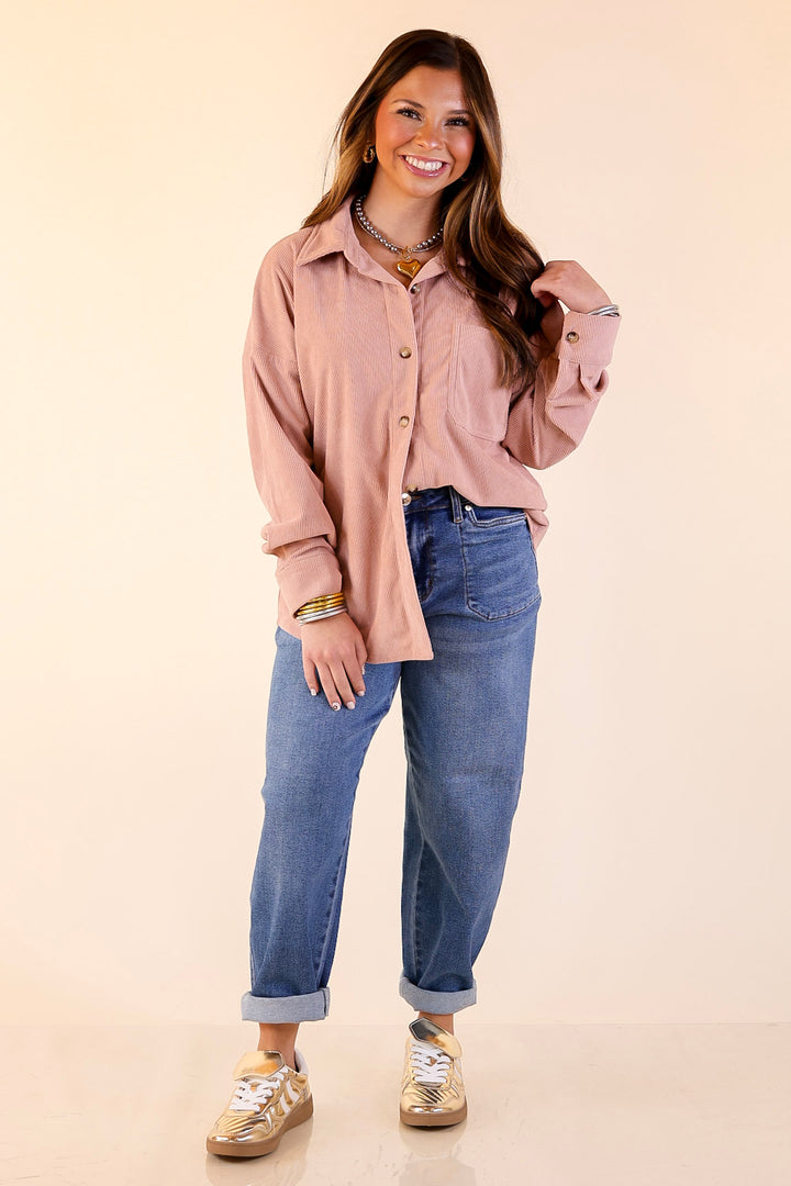 Captivating Cuteness Corduroy Button Up Shacket in Mauve Pink