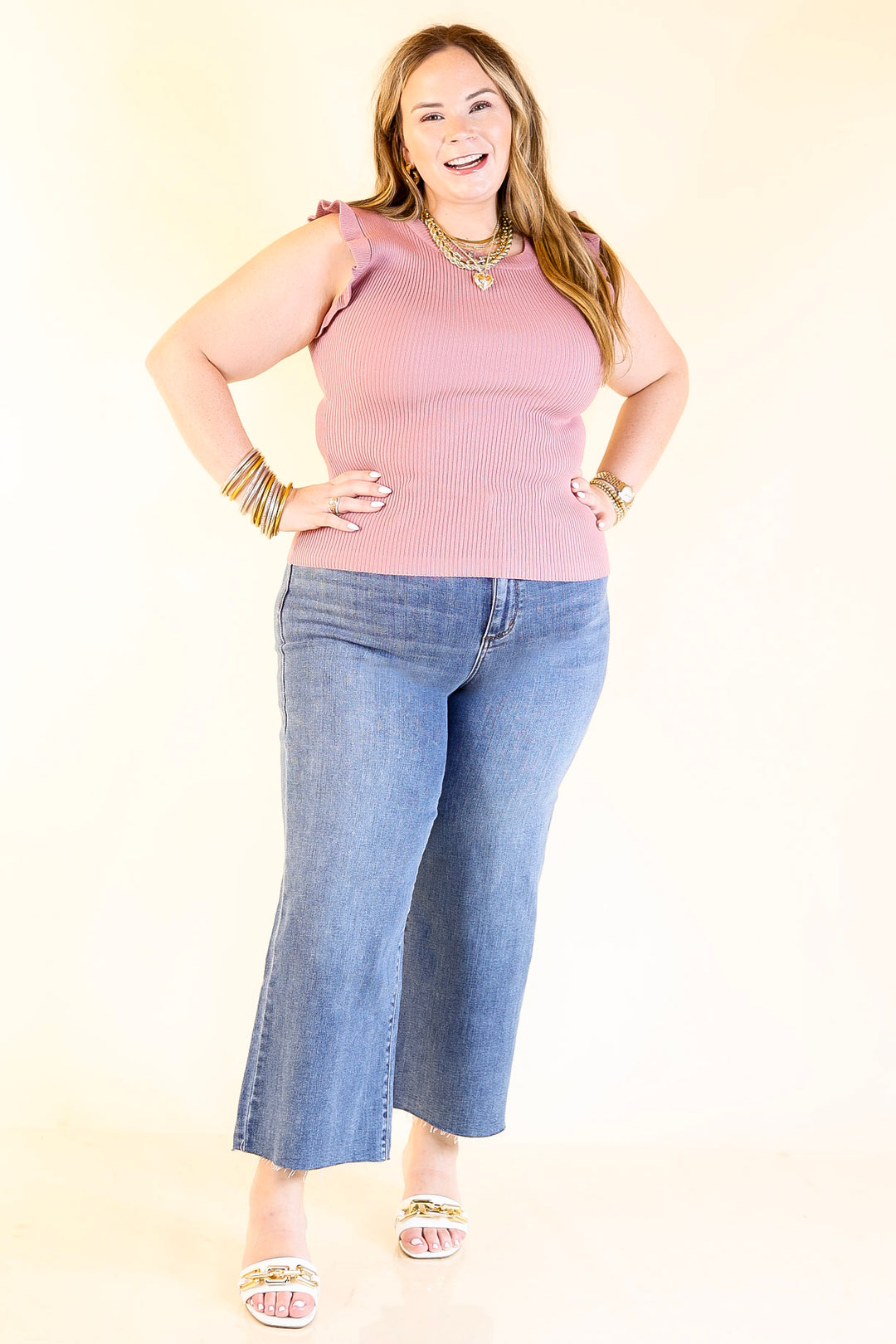 Flirty Frill Scoop Neck Top with Ruffle Sleeves in Mauve Pink