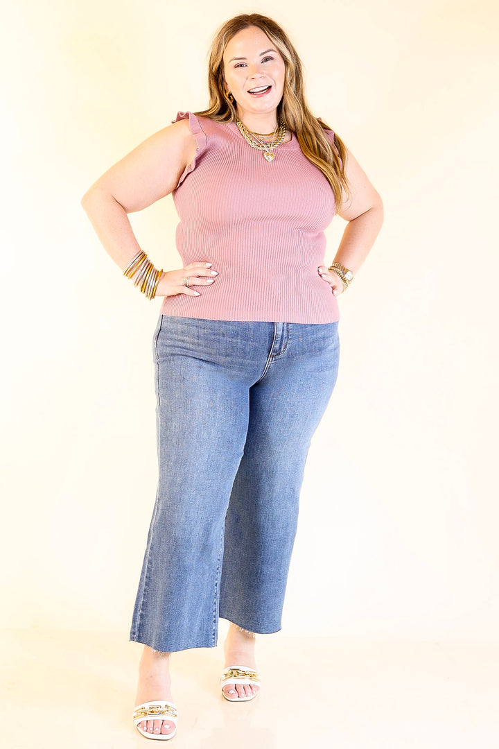 Flirty Frill Scoop Neck Top with Ruffle Sleeves in Mauve Pink