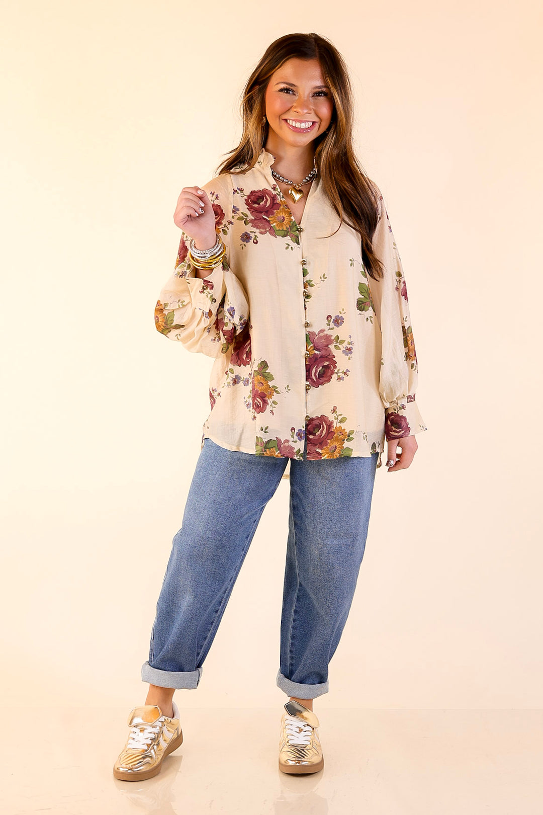 Garden Stroll Floral Long Sleeve Button Down Top in Cream