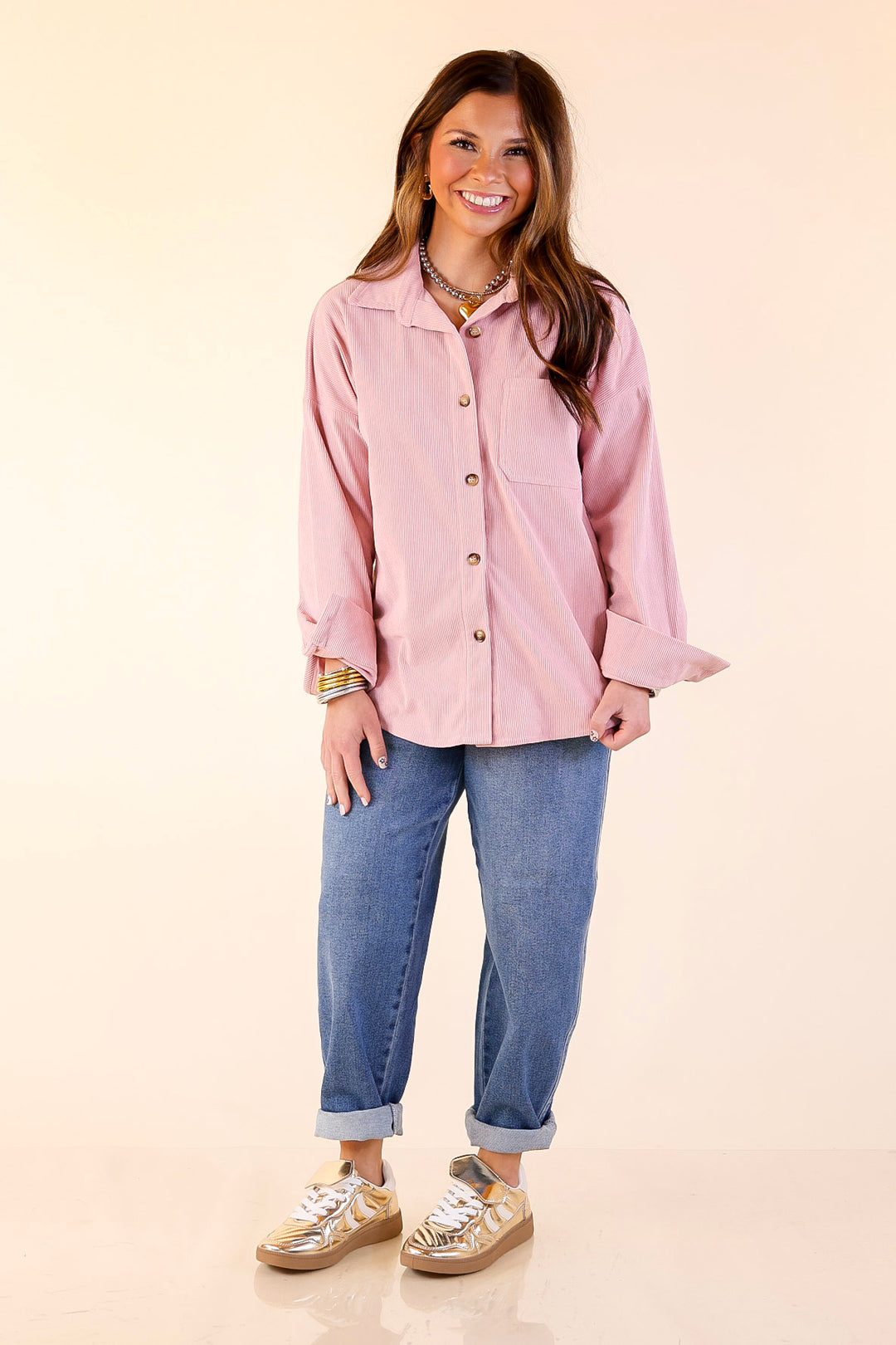 Captivating Cuteness Corduroy Button Up Shacket in Light Pink