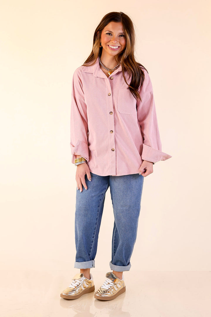 Captivating Cuteness Corduroy Button Up Shacket in Light Pink
