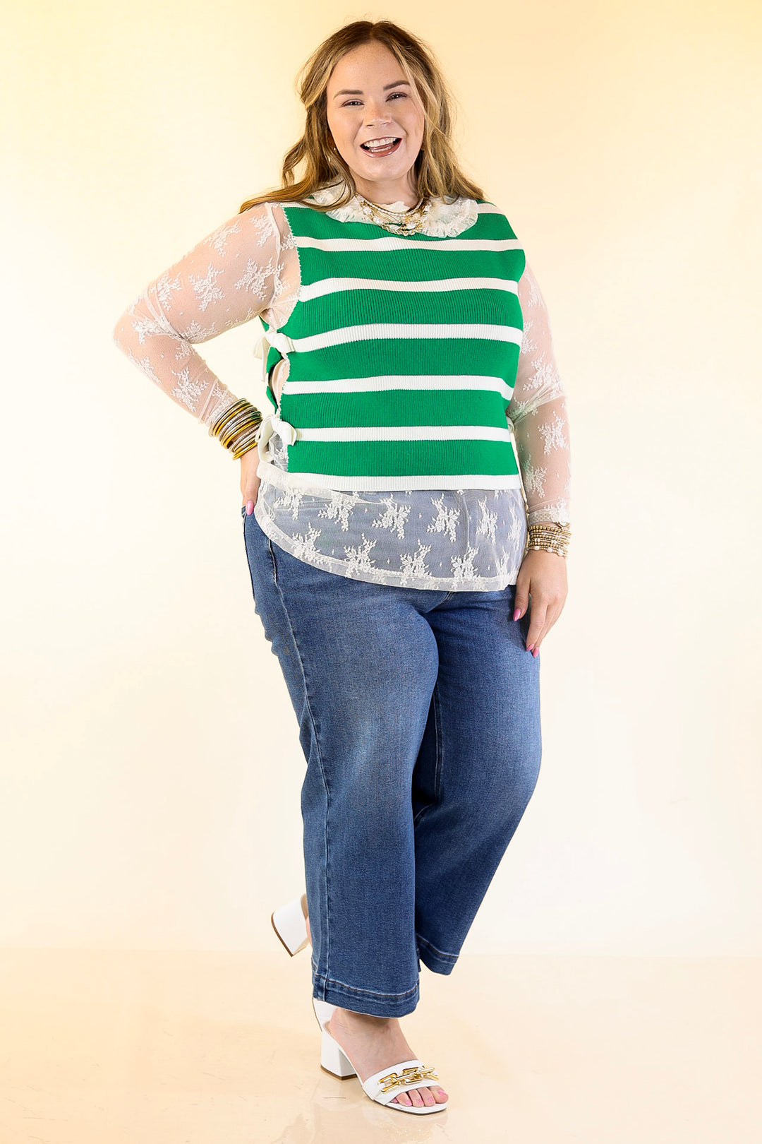 Tied Up in Style Knit Sweater with Side Ties in Kelly Green with Off White Stripes