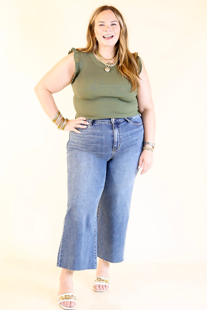 Flirty Frill Scoop Neck Top with Ruffle Sleeves in Olive Green