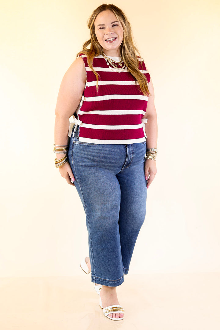 Tied Up in Style Knit Sweater with Side Ties in Maroon with Off White Stripes