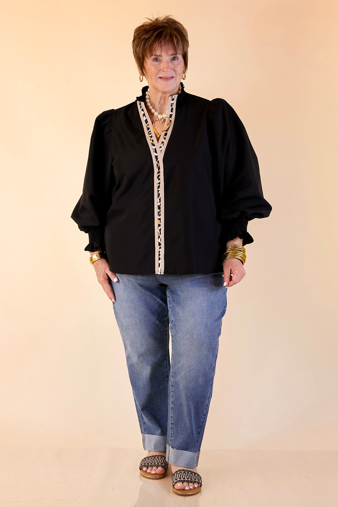 Trimmed in Style Puff Long Sleeve Blouse with Contrast Leopard Trim and Ruffle in Black