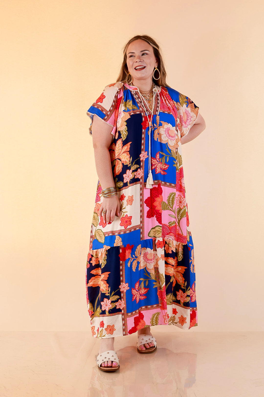 Patchwork Poise Floral Patchwork Print Midi Dress with Tassel Tie Neckline and Flutter Sleeves in Blue Mix
