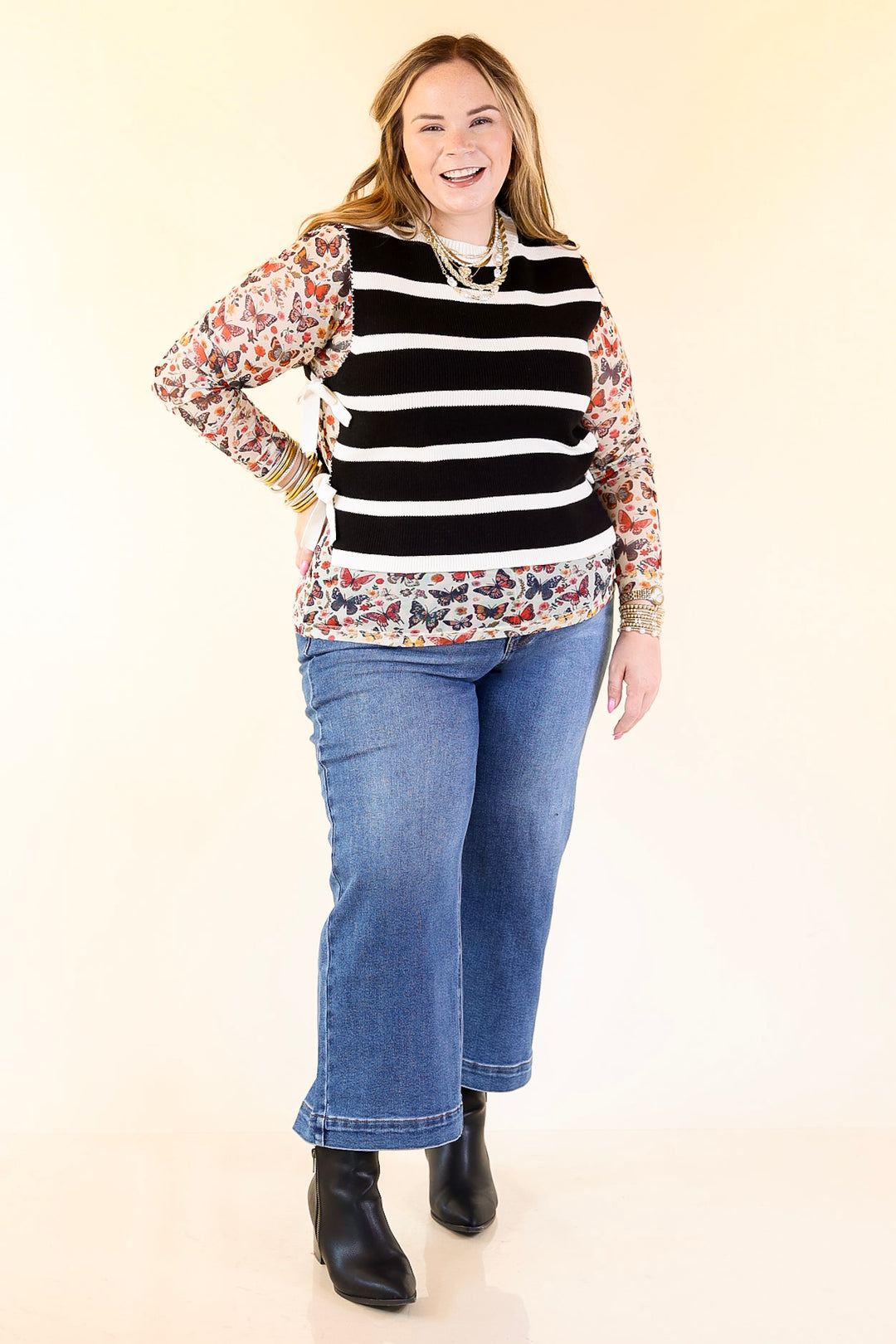 Tied Up in Style Knit Sweater with Side Ties in Black with Off White Stripes